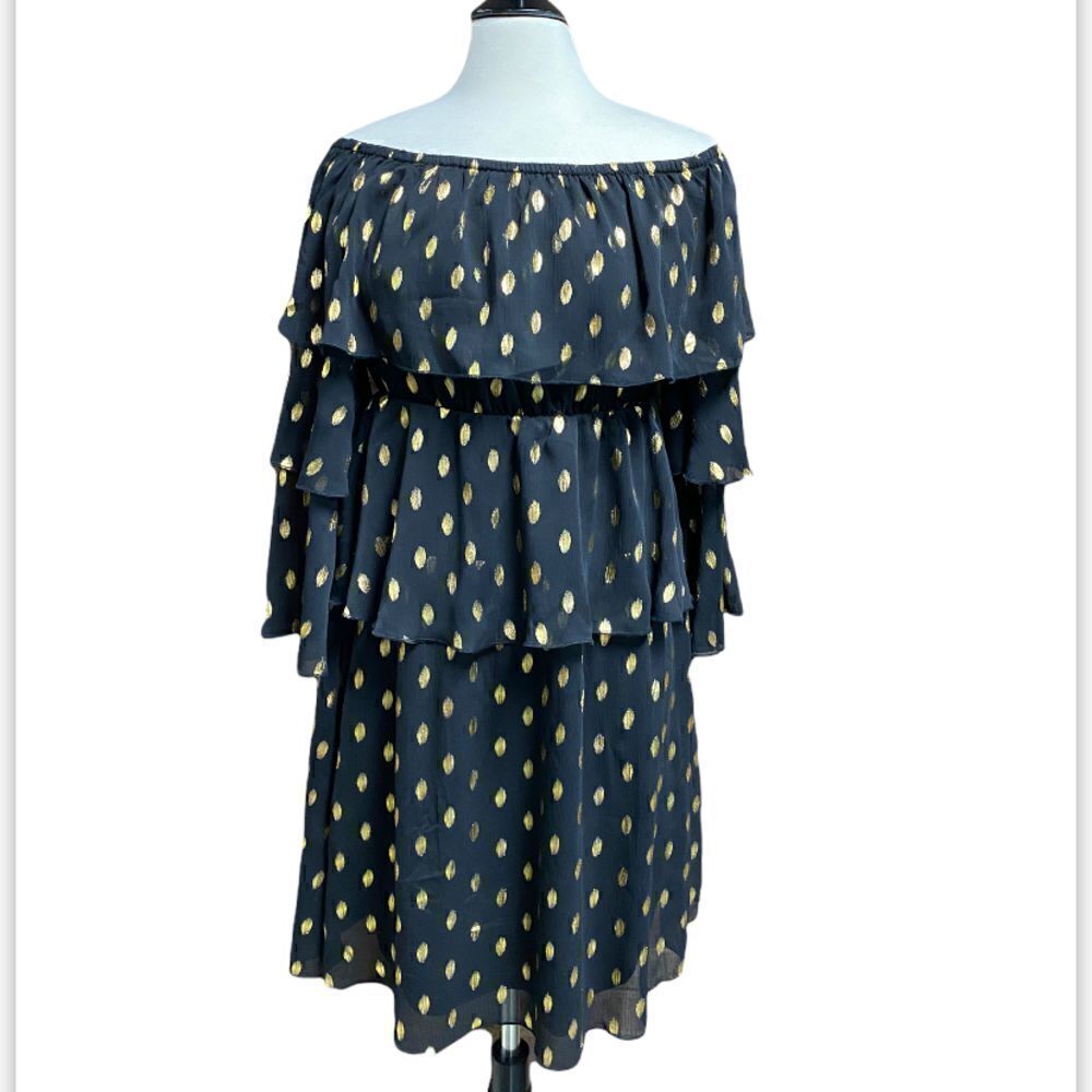 Andree by Unit Black Sheer Gold Shimmer Dots Ruffle 3/4 Sleeve Dress NWT